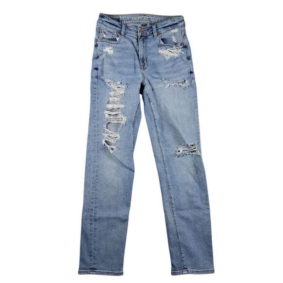 American Eagle Mom Jeans Women's 2 Regular Distressed Light Wash Mid Rise - Picture 1 of 16